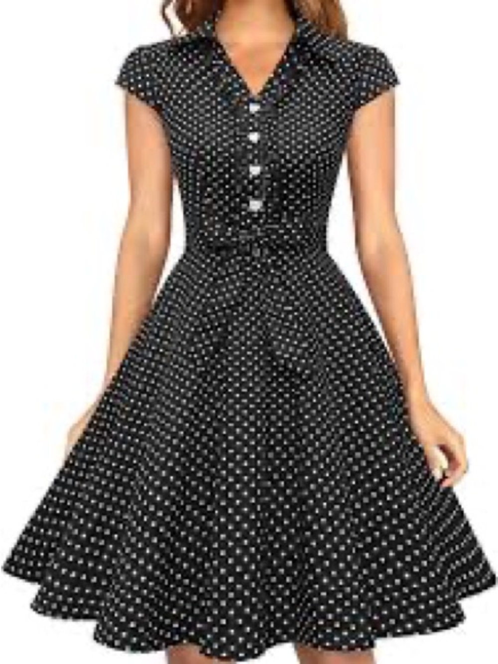 Vintage-Inspired Black Polka Dot Midi Dress with Collar